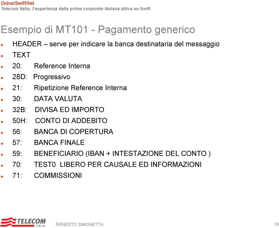 DIVISA ED IMPORTO 50H: CONTO DI ADDEBITO 56: BANCA DI COPERTURA 57: BANCA FINALE 59: BENEFICIARIO