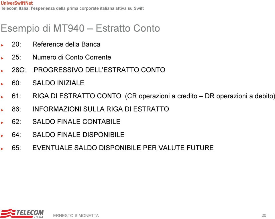 credito DR operazioni a debito) 86: INFORMAZIONI SULLA RIGA DI ESTRATTO 62: SALDO FINALE