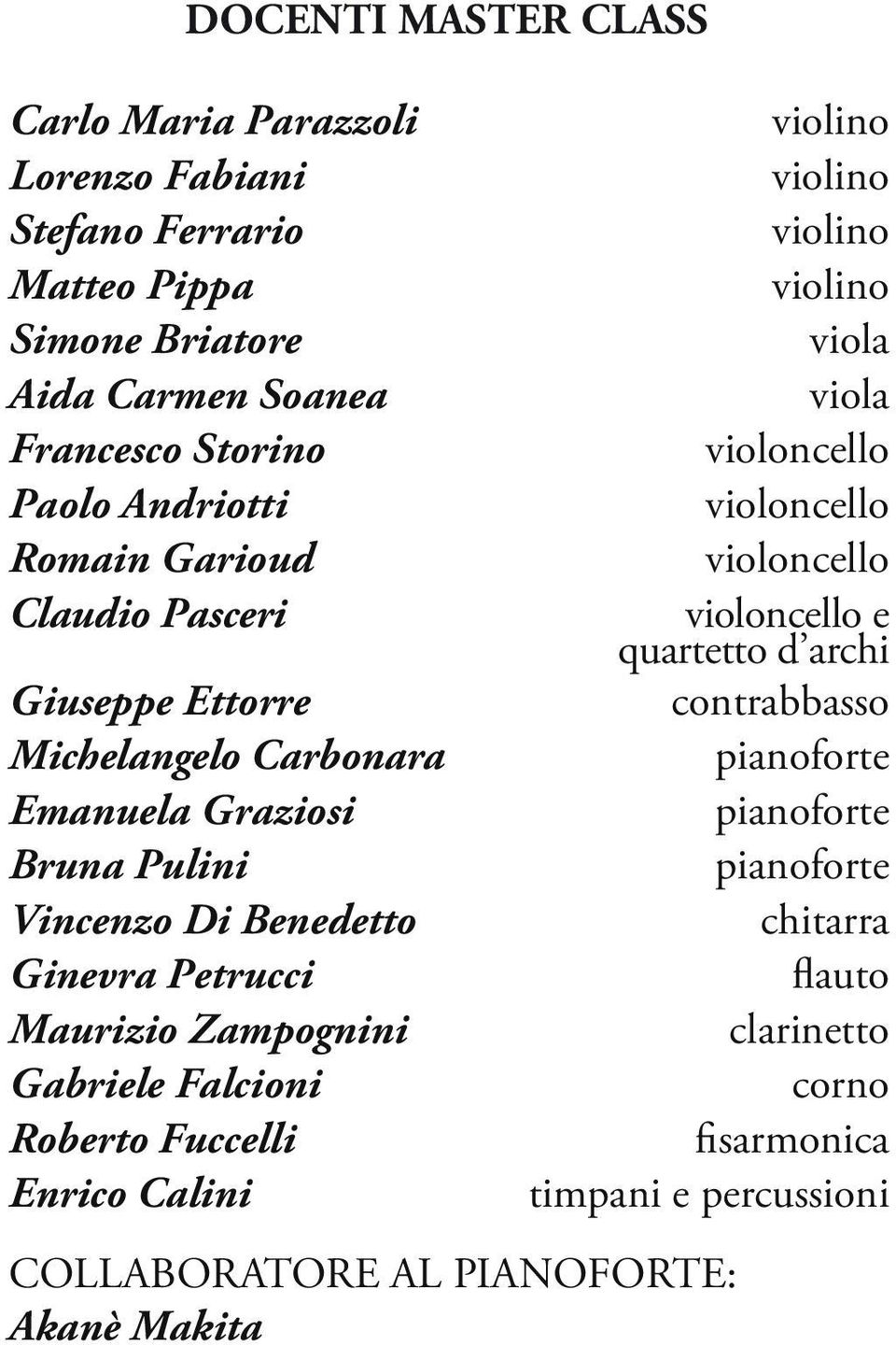 Zampognini Gabriele Falcioni Roberto Fuccelli Enrico Calini violino violino violino violino viola viola violoncello violoncello violoncello violoncello e