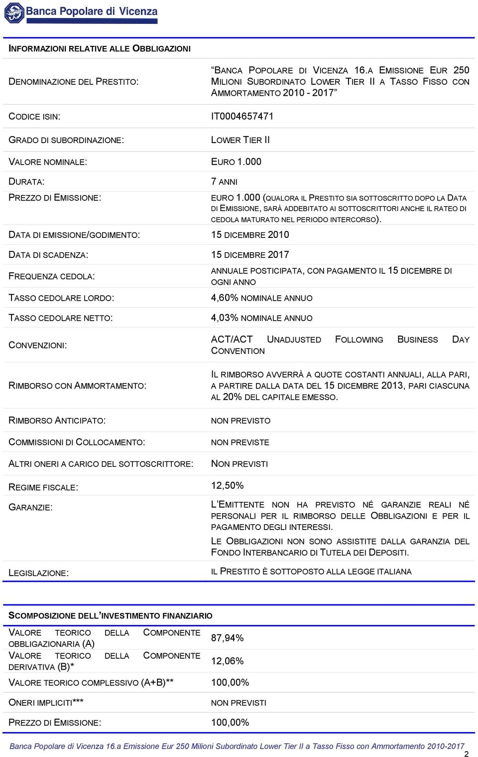 000 DURATA: PREZZO DI EMISSIONE: 7 ANNI DATA DI EMISSIONE/GODIMENTO: 15 DICEMBRE 2010 DATA DI SCADENZA: 15 DICEMBRE 2017 EURO 1.