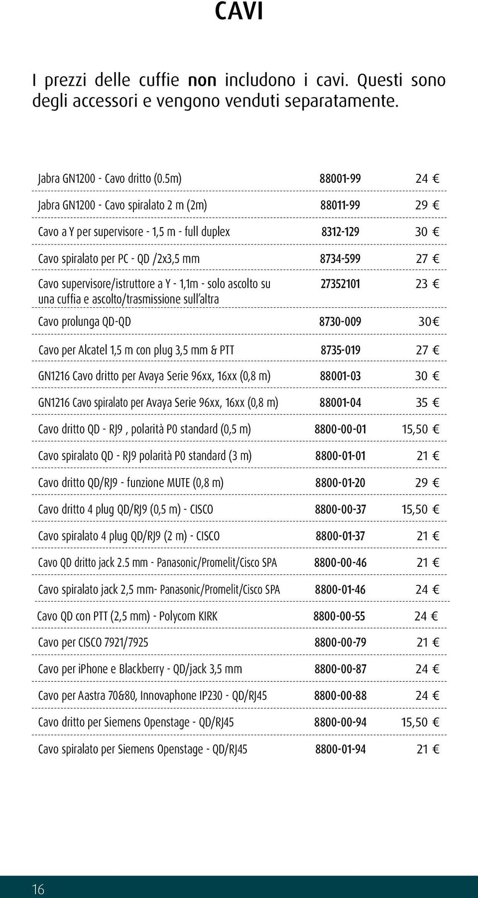 supervisore/istruttore a Y - 1,1m - solo ascolto su una cuffia e ascolto/trasmissione sull altra 27352101 23 Cavo prolunga QD-QD 8730-009 30 Cavo per Alcatel 1,5 m con plug 3,5 mm & PTT 8735-019 27