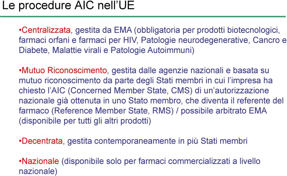 l AIC (Concerned Member State, CMS) di un autorizzazione nazionale già ottenuta in uno Stato membro, che diventa il referente del farmaco (Reference Member State, RMS) / possibile