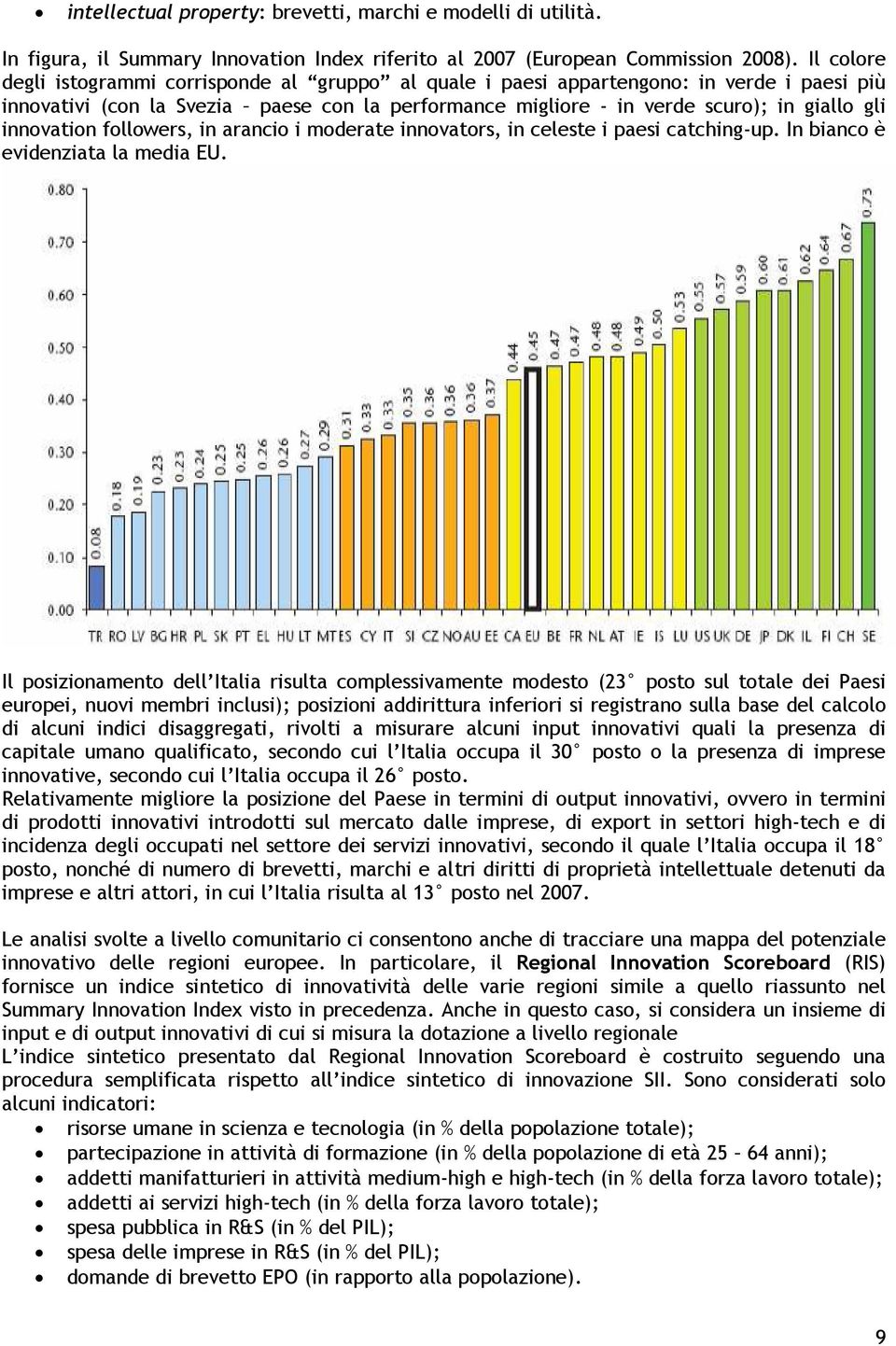 innovation followers, in arancio i moderate innovators, in celeste i paesi catching-up. In bianco è evidenziata la media EU.