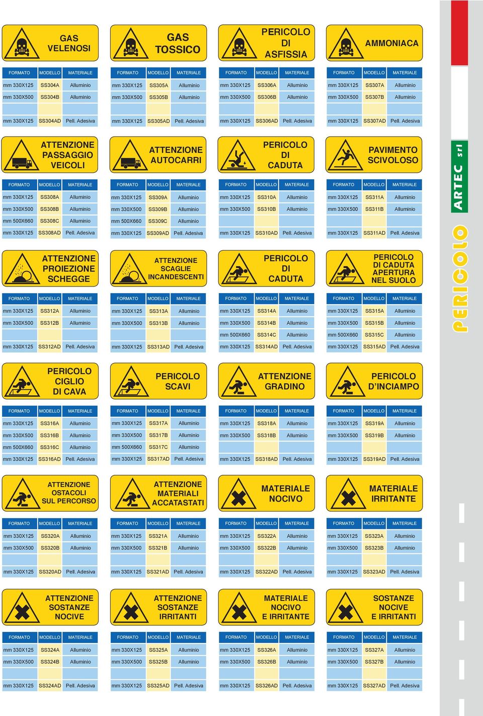 Adesiva PASSAGGIO VEICOLI mm 330X125 SS308A Alluminio mm 330X500 SS308B Alluminio AUTOCARRI mm 330X125 SS309A Alluminio mm 330X500 SS309B Alluminio DI CADUTA mm 330X125 SS310A Alluminio mm 330X500