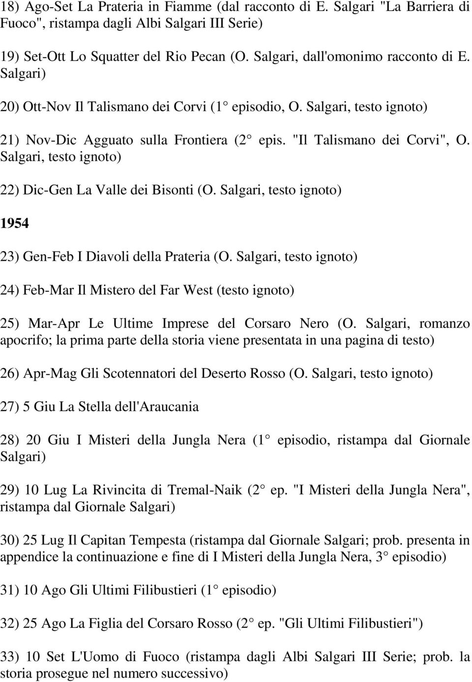 Salgari, testo ignoto) 22) Dic-Gen La Valle dei Bisonti (O. Salgari, testo ignoto) 1954 23) Gen-Feb I Diavoli della Prateria (O.