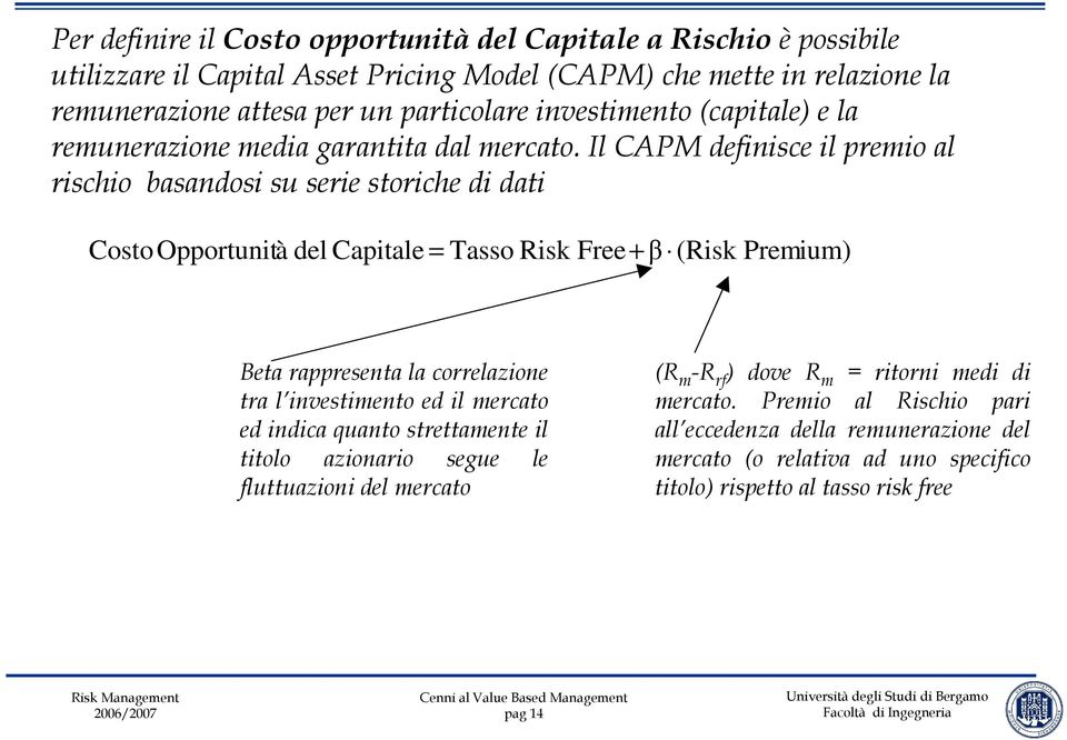 Il CAPM definisce il premio al rischio basandosi su serie storiche di dati Costo Opportunità del Capitale = Tasso Risk Free+ β (Risk Premium) Beta rappresenta la correlazione tra l