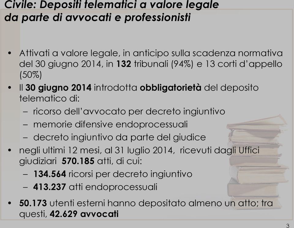 ingiuntivo memorie difensive endoprocessuali decreto ingiuntivo da parte del giudice negli ultimi 12 mesi, al 31 luglio 2014, ricevuti dagli Uffici giudiziari 570.