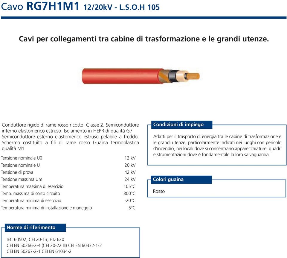 Schermo costituito a fili di rame rosso Guaina termoplastica qualità M1 12 kv 20 kv 42 kv Tensione massima Um 24 kv Temperatura massima di esercizio 105 C Temp.