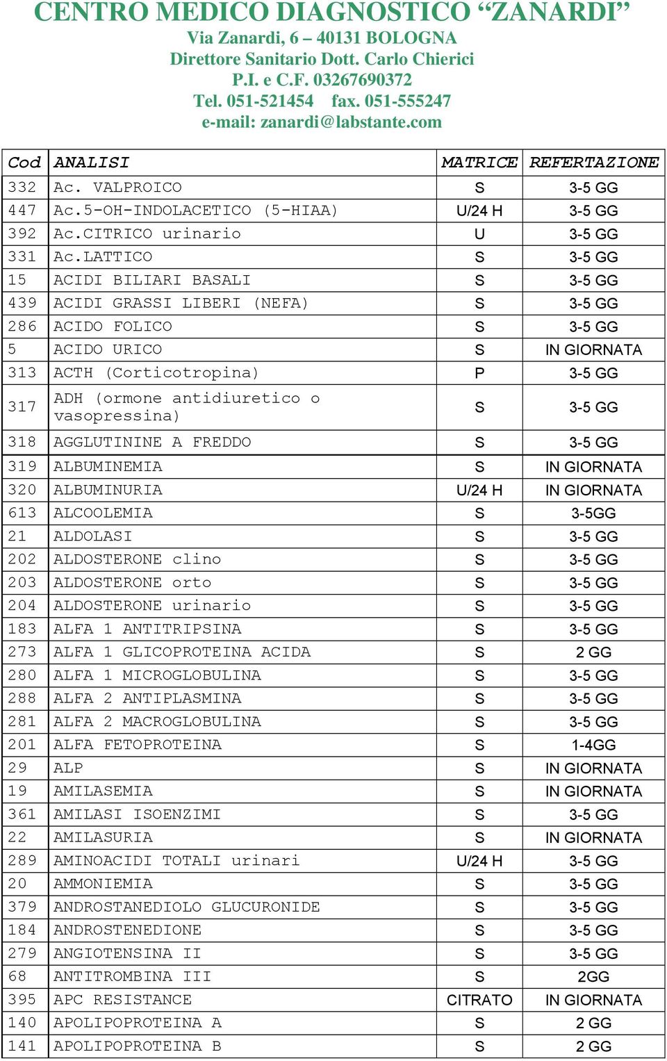 antidiuretico o 317 vasopressina) S 3-5 GG 318 AGGLUTININE A FREDDO S 3-5 GG 319 ALBUMINEMIA S IN GIORNATA 320 ALBUMINURIA U/24 H IN GIORNATA 613 ALCOOLEMIA S 3-5GG 21 ALDOLASI S 3-5 GG 202