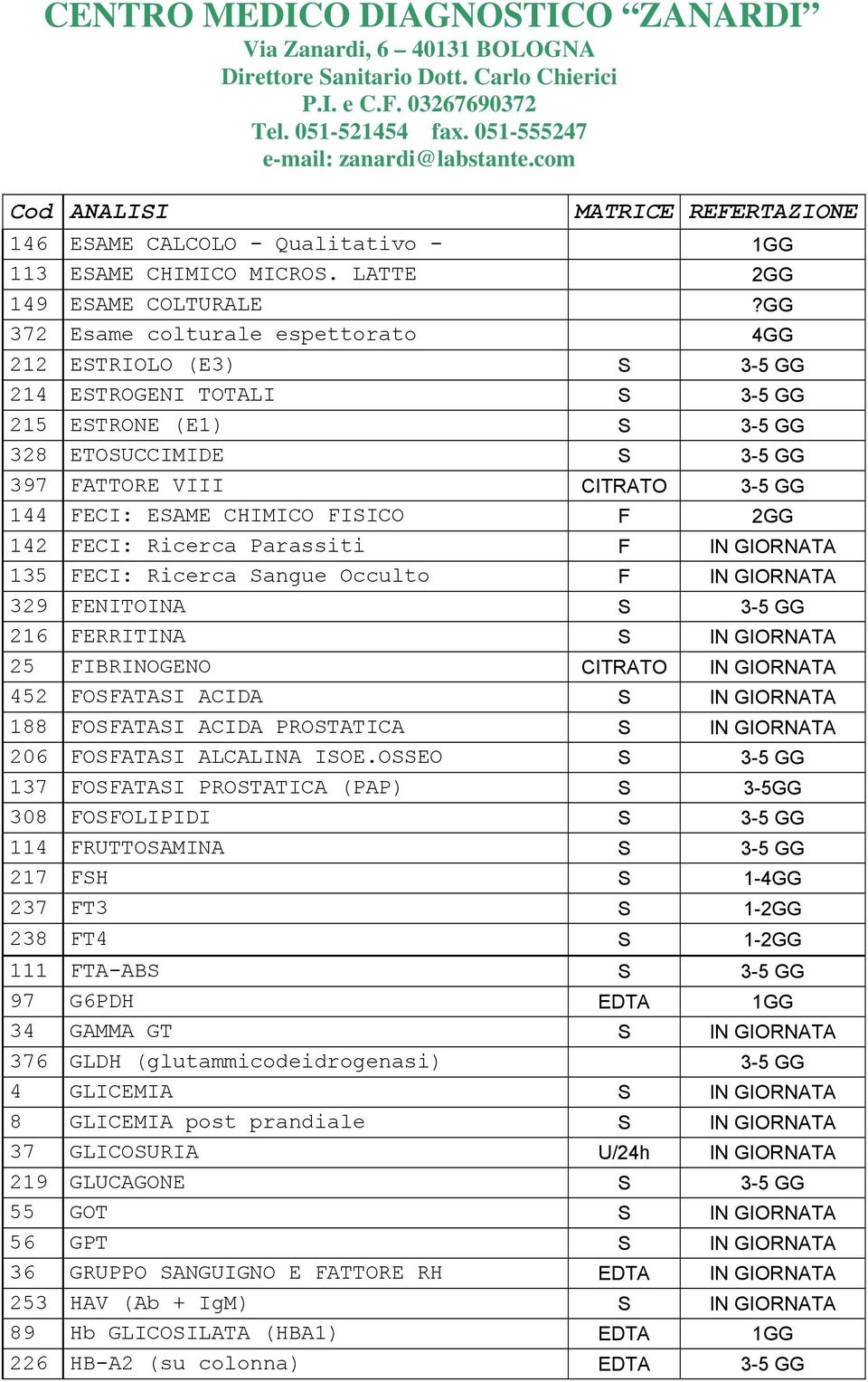 CHIMICO FISICO F 2GG 142 FECI: Ricerca Parassiti F IN GIORNATA 135 FECI: Ricerca Sangue Occulto F IN GIORNATA 329 FENITOINA S 3-5 GG 216 FERRITINA S IN GIORNATA 25 FIBRINOGENO CITRATO IN GIORNATA 452