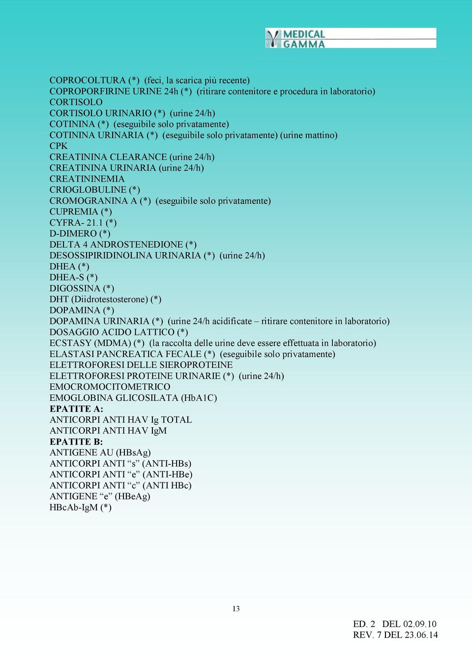 CROMOGRANINA A (*) (eseguibile solo privatamente) CUPREMIA (*) CYFRA- 21.