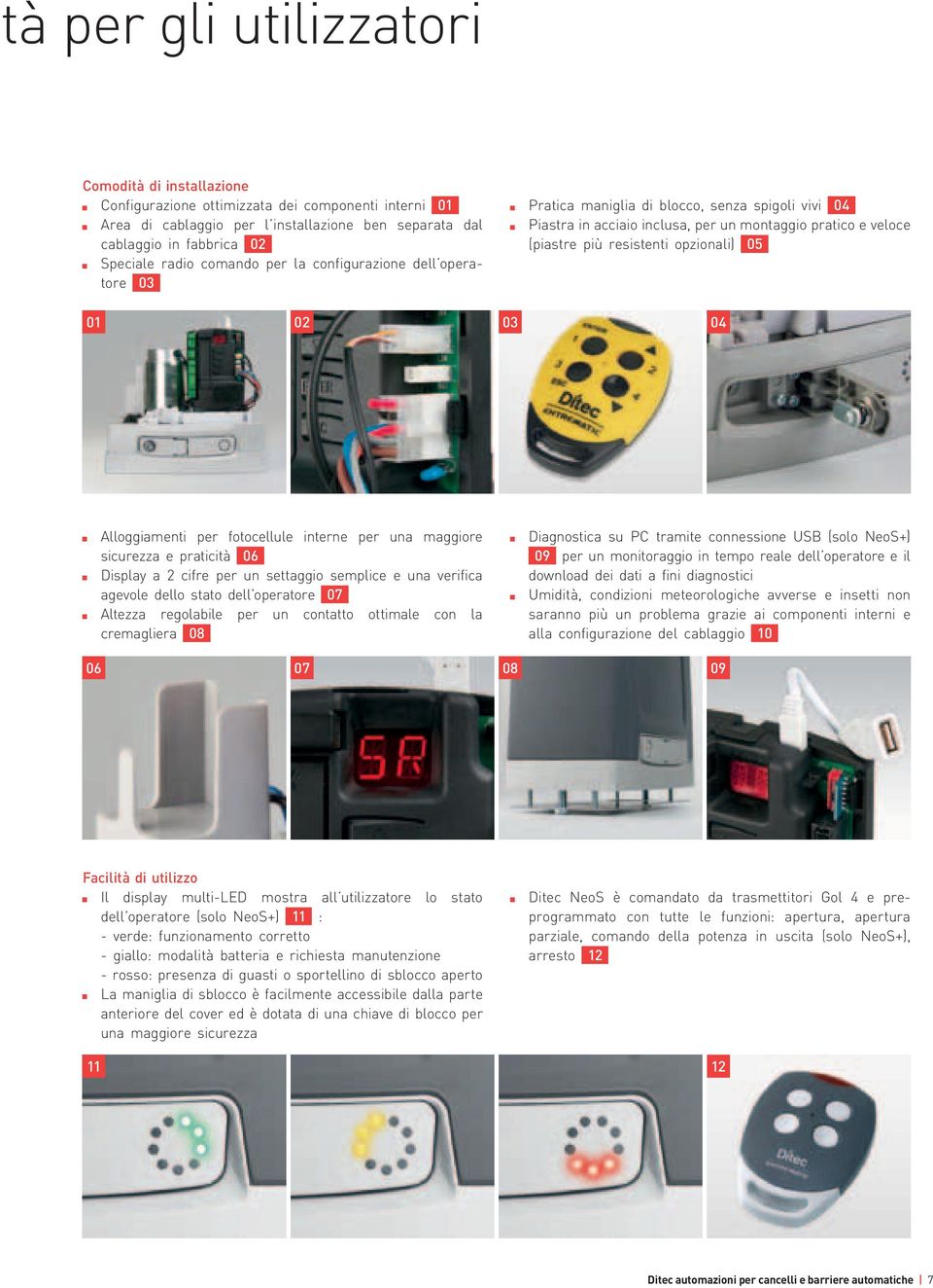 01 02 03 04 Alloggiamenti per fotocellule interne per una maggiore sicurezza e praticità 06 Display a 2 cifre per un settaggio semplice e una verifica agevole dello stato dell operatore 07 Altezza