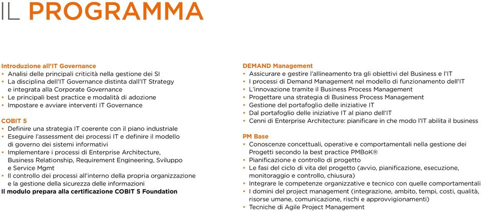 IT e definire il modello di governo dei sistemi informativi Implementare i processi di Enterprise Architecture, Business Relationship, Requirement Engineering, Sviluppo e Service Mgmt Il controllo