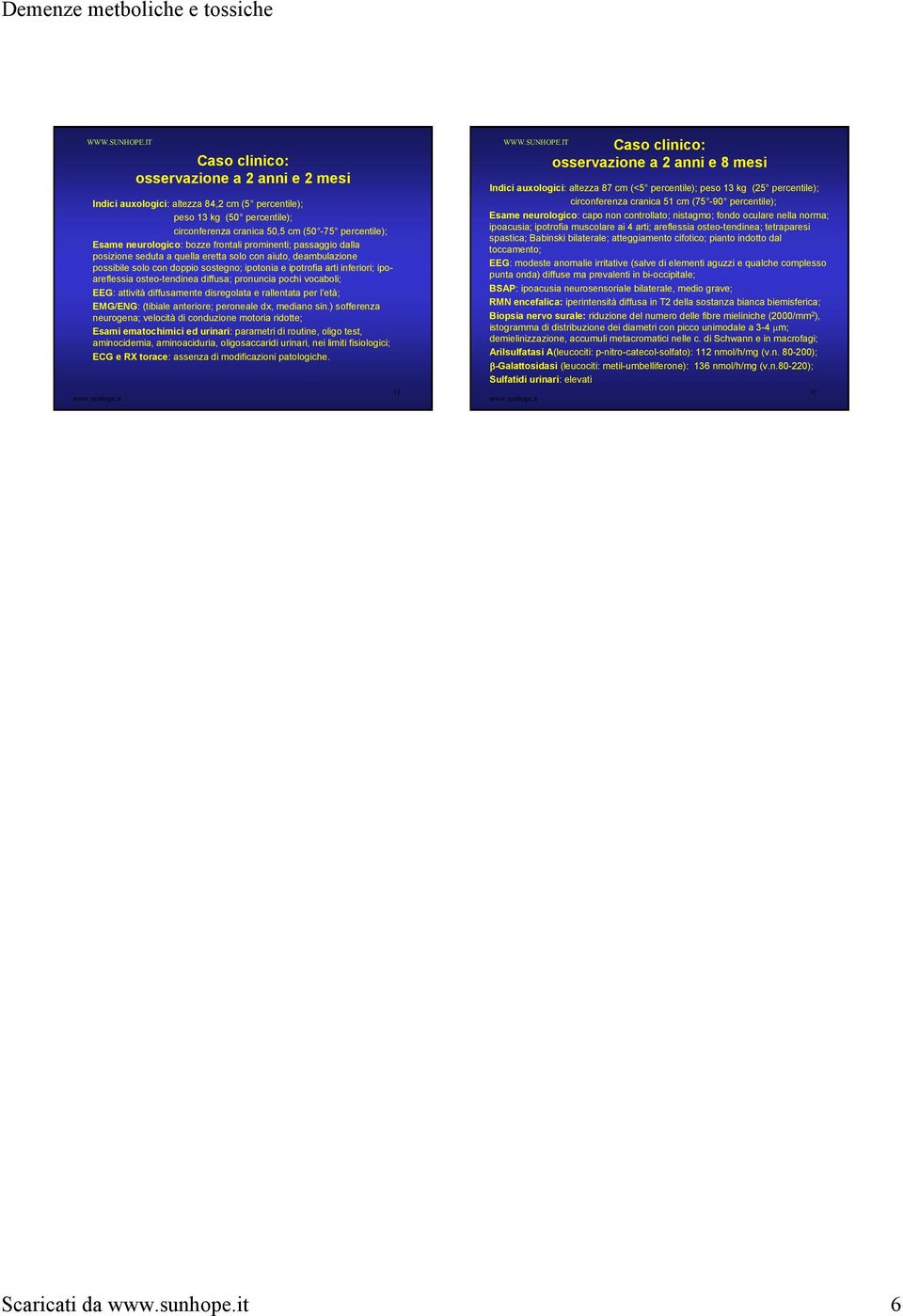 osteo-tendinea diffusa; pronuncia pochi vocaboli; EEG: attività diffusamente disregolata e rallentata per l età; EMG/ENG: (tibiale anteriore; peroneale dx, mediano sin.