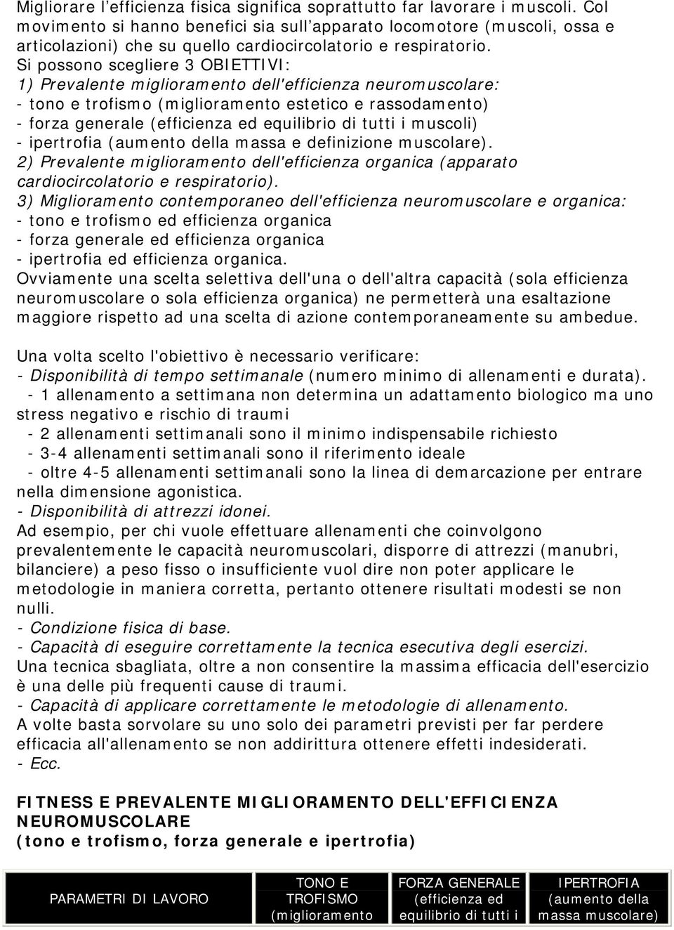 Si possono scegliere 3 OBIETTIVI: 1) Prevalente miglioramento dell'efficienza neuromuscolare: - tono e trofismo (miglioramento estetico e rassodamento) - forza generale (efficienza ed equilibrio di