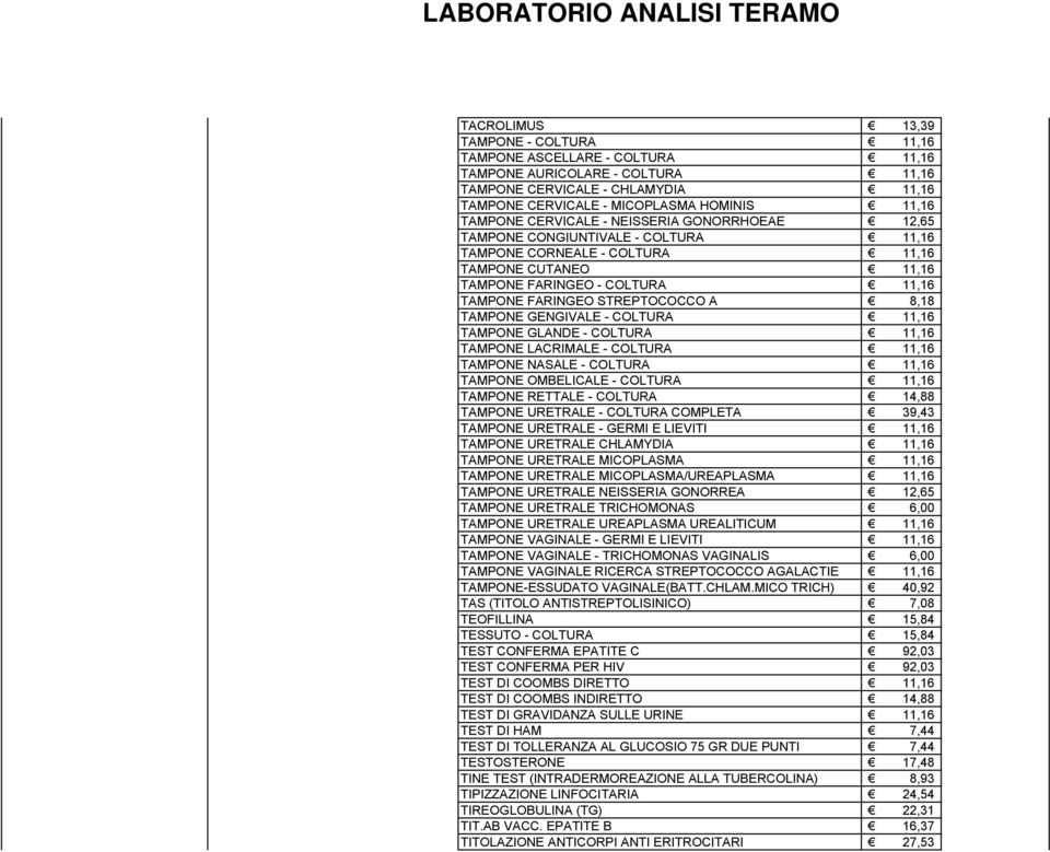 8,18 TAMPONE GENGIVALE - COLTURA 11,16 TAMPONE GLANDE - COLTURA 11,16 TAMPONE LACRIMALE - COLTURA 11,16 TAMPONE NASALE - COLTURA 11,16 TAMPONE OMBELICALE - COLTURA 11,16 TAMPONE RETTALE - COLTURA