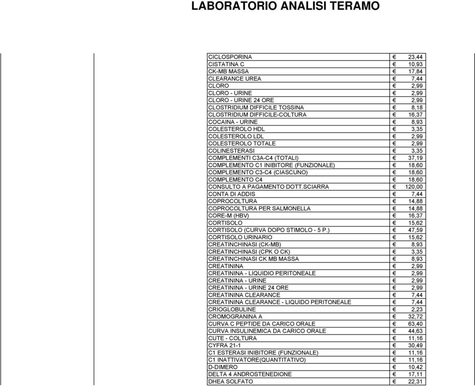 COMPLEMENTO C3-C4 (CIASCUNO) 18,60 COMPLEMENTO C4 18,60 CONSULTO A PAGAMENTO DOTT.