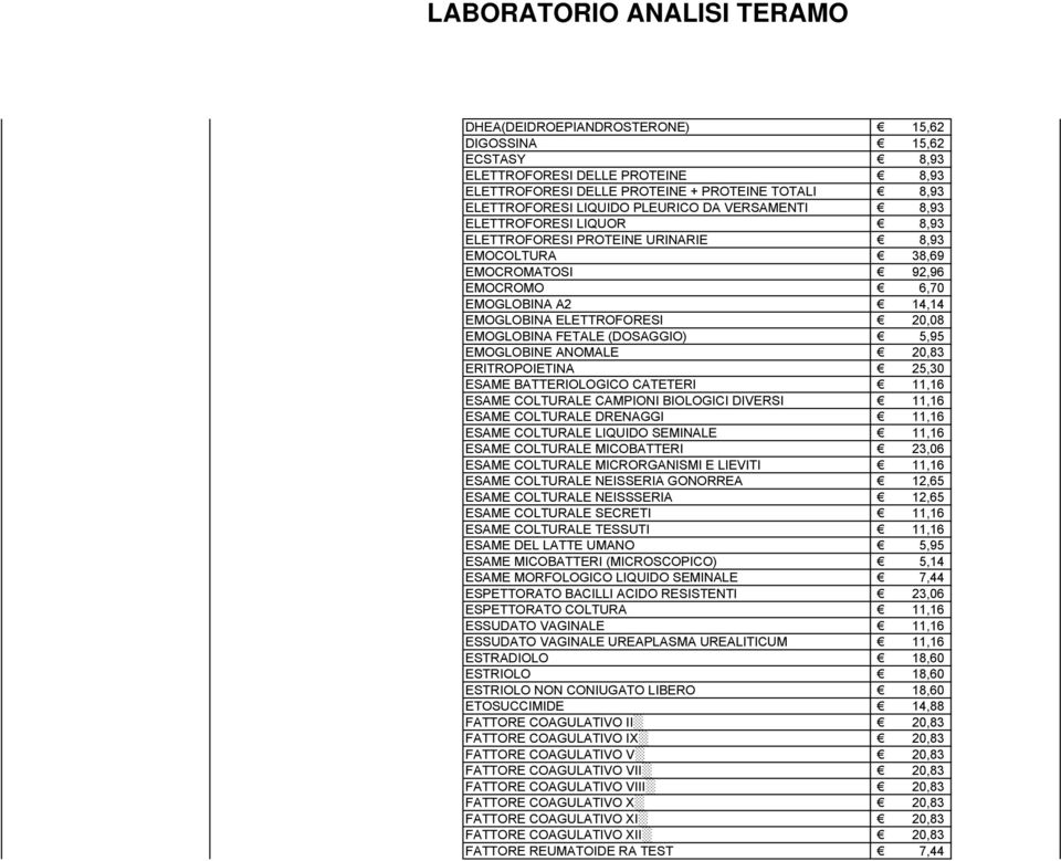 EMOGLOBINE ANOMALE 20,83 ERITROPOIETINA 25,30 ESAME BATTERIOLOGICO CATETERI 11,16 ESAME COLTURALE CAMPIONI BIOLOGICI DIVERSI 11,16 ESAME COLTURALE DRENAGGI 11,16 ESAME COLTURALE LIQUIDO SEMINALE