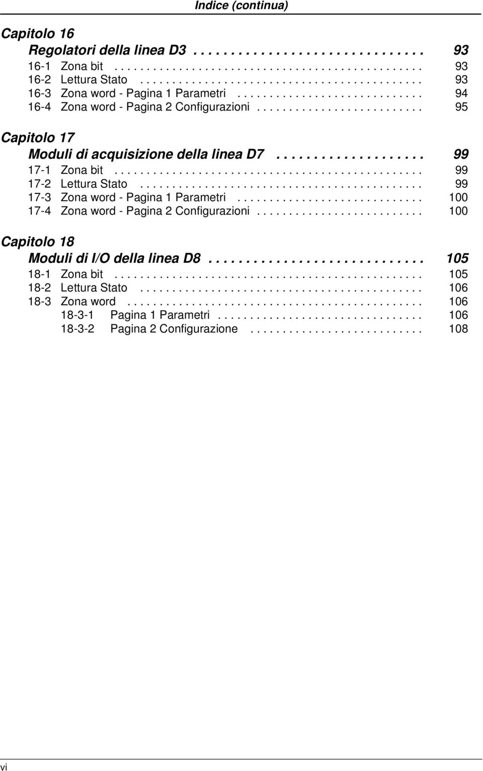 ......................... 95 Capitolo 17 Moduli di acquisizione della linea D7.................... 99 17-1 Zona bit................................................ 99 17-2 Lettura Stato.