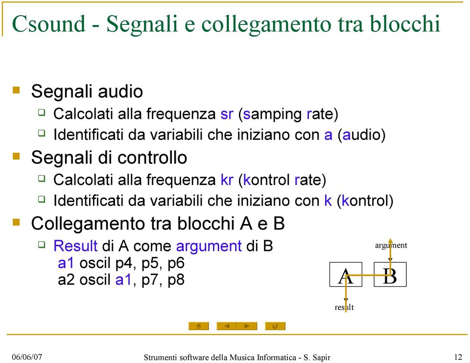 Identificati da variabili che iniziano con k (kontrol) Collegamento tra blocchi A e B Result di A come argument di