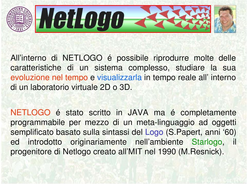 NETLOGO é stato scritto in JAVA ma é completamente programmabile per mezzo di un meta-linguaggio ad oggetti semplificato