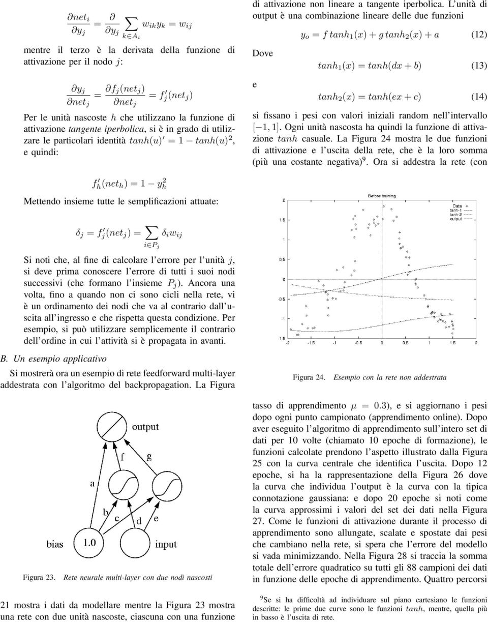 L unità di output è una combinazione lineare delle due funzioni Dove e y o = ftanh 1 (x)+gtanh 2 (x)+a (12) tanh 1 (x) =tanh(dx + b) (13) tanh 2 (x) =tanh(ex + c) (14) si fissano i pesi con valori