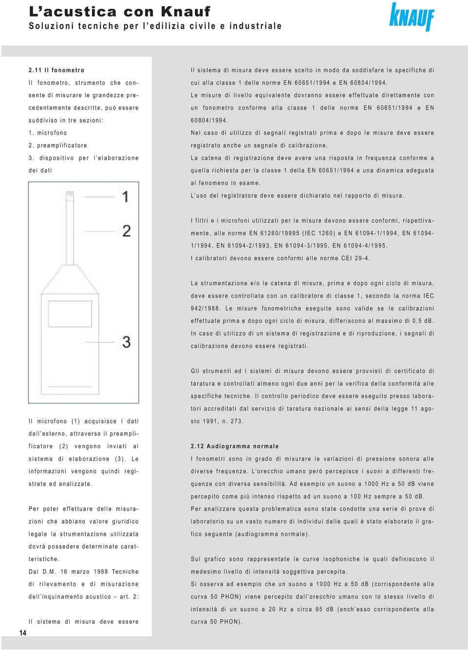 Le miure di livello equivlente dovrnno eere effettute direttmente con un fonometro conforme ll cle 1 delle norme EN 60651/1994 e EN 60804/1994.