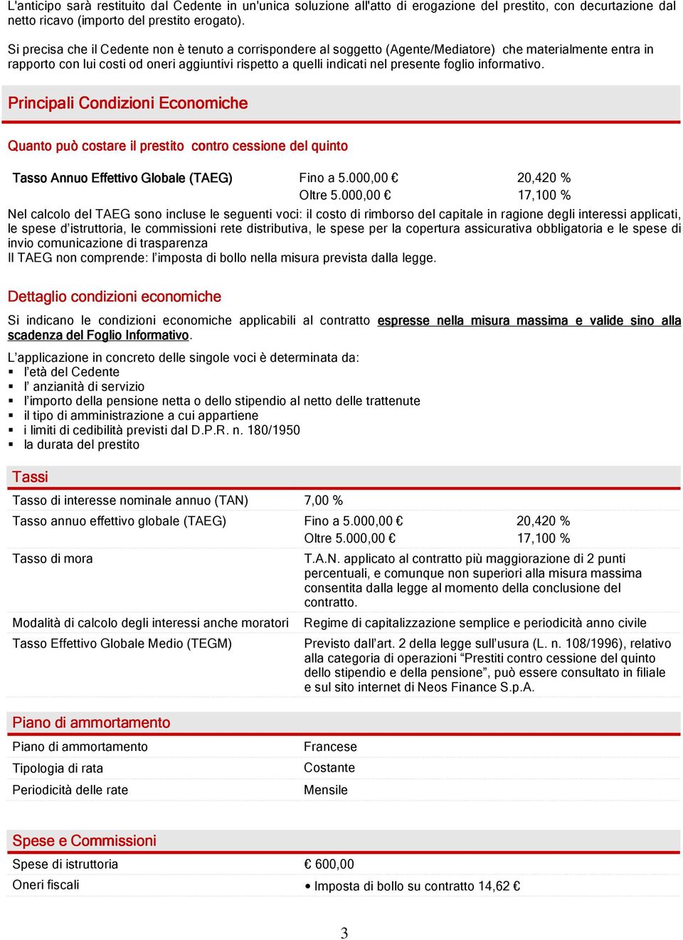 foglio informativo. Principali Condizioni Economiche Quanto può costare il prestito contro cessione del quinto Tasso Annuo Effettivo Globale (TAEG) Fino a 5.000,00 Oltre 5.