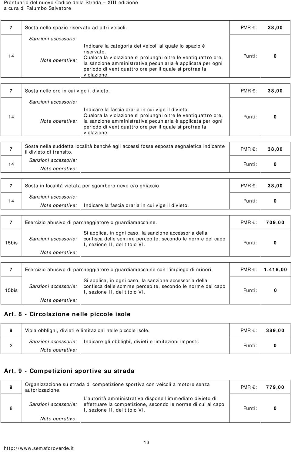 7 Sosta nelle ore in cui vige il divieto. 14 Indicare la fascia oraria in cui vige il divieto.