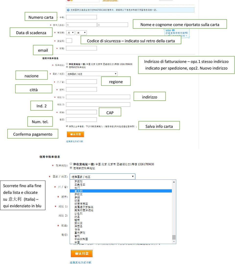 Conferma pagamento regione CAP Indirizzo di fatturazione opz.