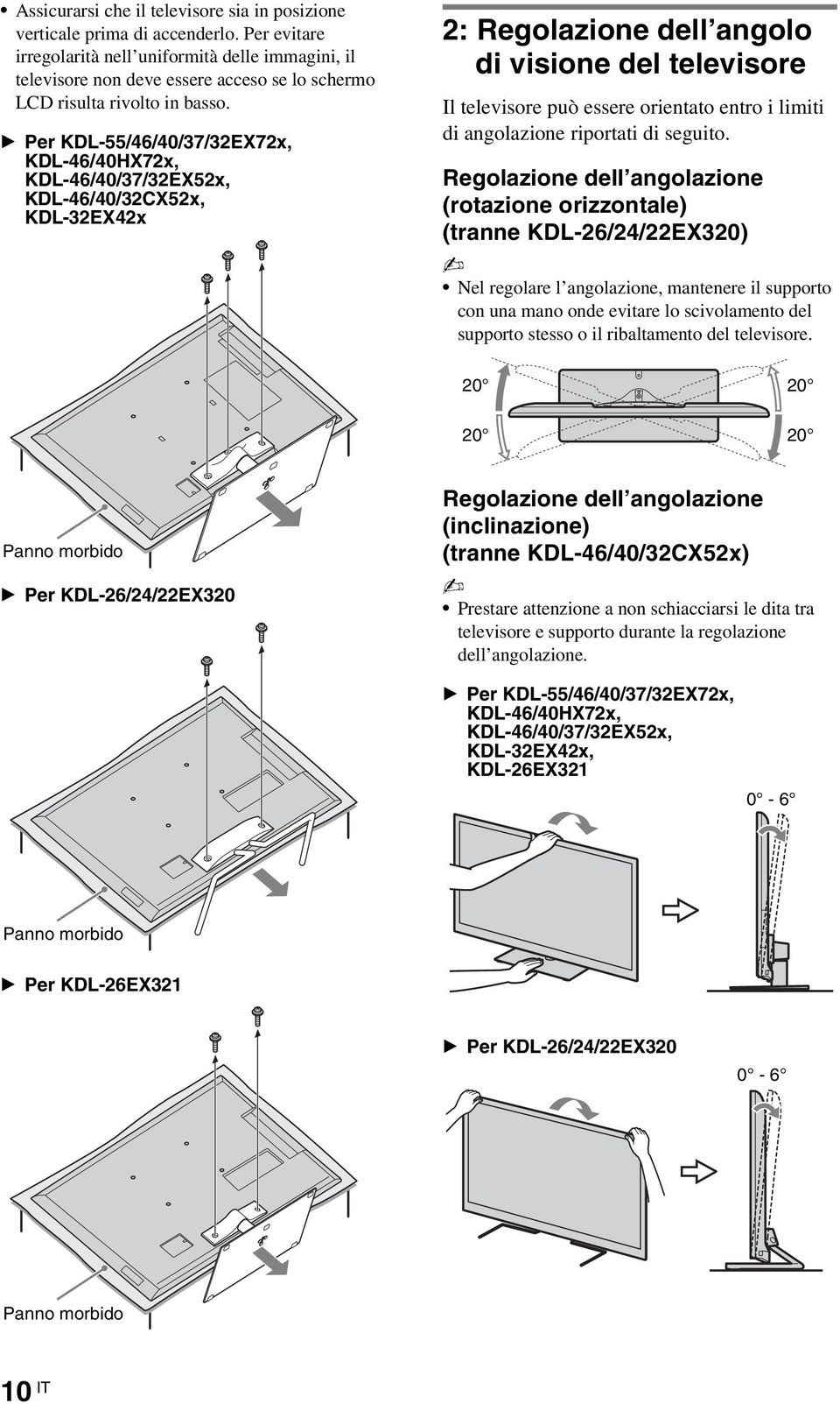 B Per KDL-55/46/40/37/32EX72x, KDL-46/40HX72x, KDL-46/40/37/32EX52x, KDL-46/40/32CX52x, KDL-32EX42x 2: Regolazione dell angolo di visione del televisore Il televisore può essere orientato entro i