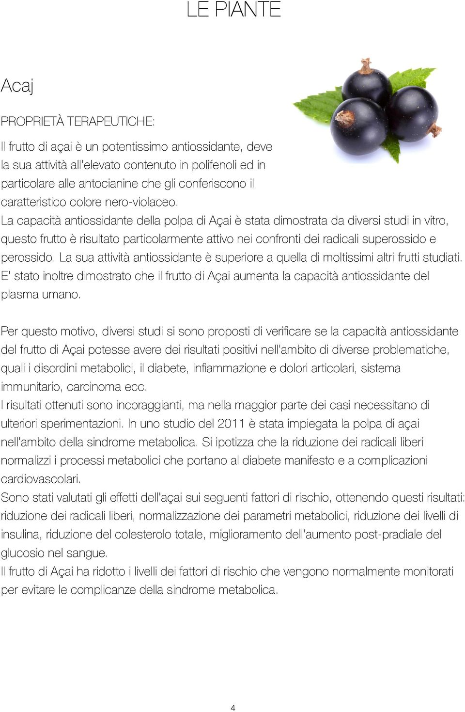 La capacità antiossidante della polpa di Açai è stata dimostrata da diversi studi in vitro, questo frutto è risultato particolarmente attivo nei confronti dei radicali superossido e perossido.