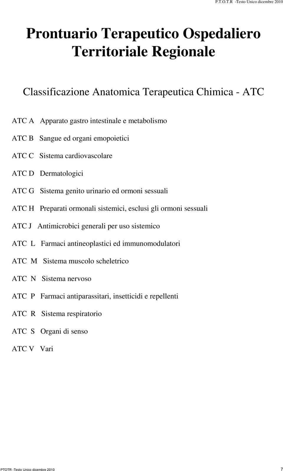 Preparati ormonali sistemici, esclusi gli ormoni sessuali ATC J Antimicrobici generali per uso sistemico ATC L Farmaci antineoplastici ed immunomodulatori ATC M Sistema