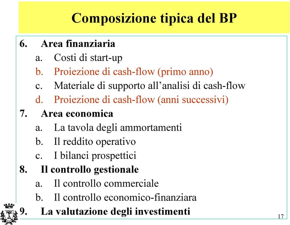 Proiezione di cash-flow(anni successivi) 7. Area economica a. La tavola degli ammortamenti b.