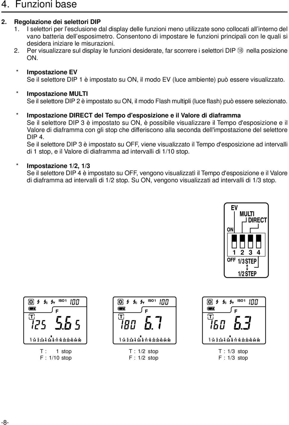 8 nella posizione ON. * Impostazione EV Se il selettore DIP 1 è impostato su ON, il modo EV (luce ambiente) può essere visualizzato.