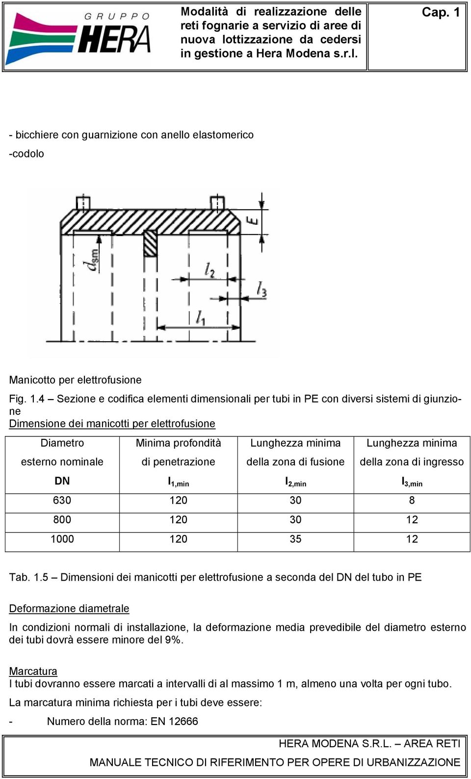 4 Sezione e codifica elementi dimensionali per tubi in PE con diversi sistemi di giunzione Dimensione dei manicotti per elettrofusione Diametro esterno nominale Minima profondità di penetrazione l