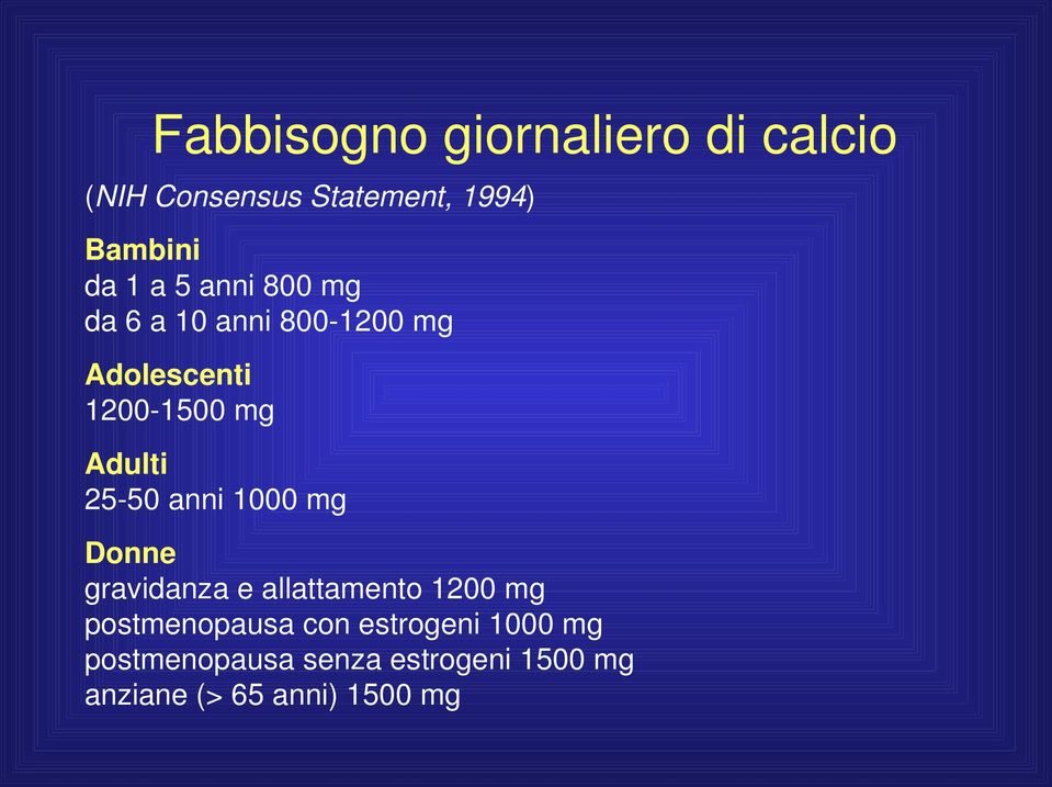 25-50 anni 1000 mg Donne gravidanza e allattamento 1200 mg postmenopausa con