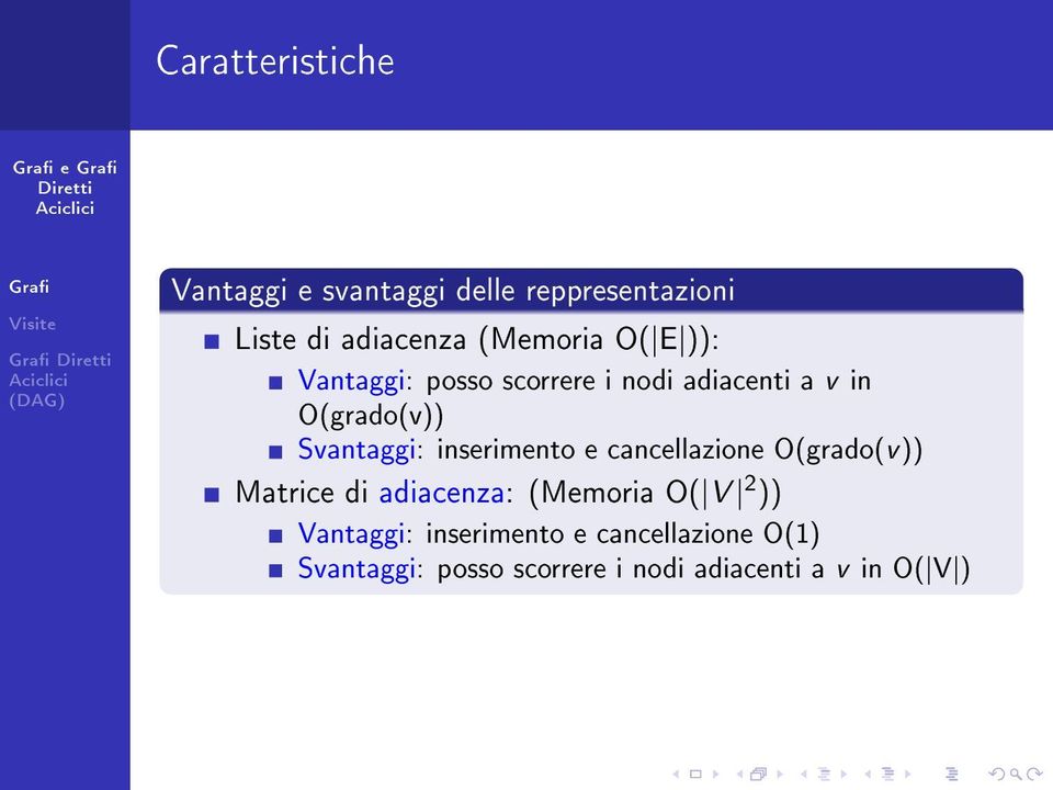 Svantaggi: inserimento e cancellazione O(grado(v )) Matrice di adiacenza: (Memoria O( V