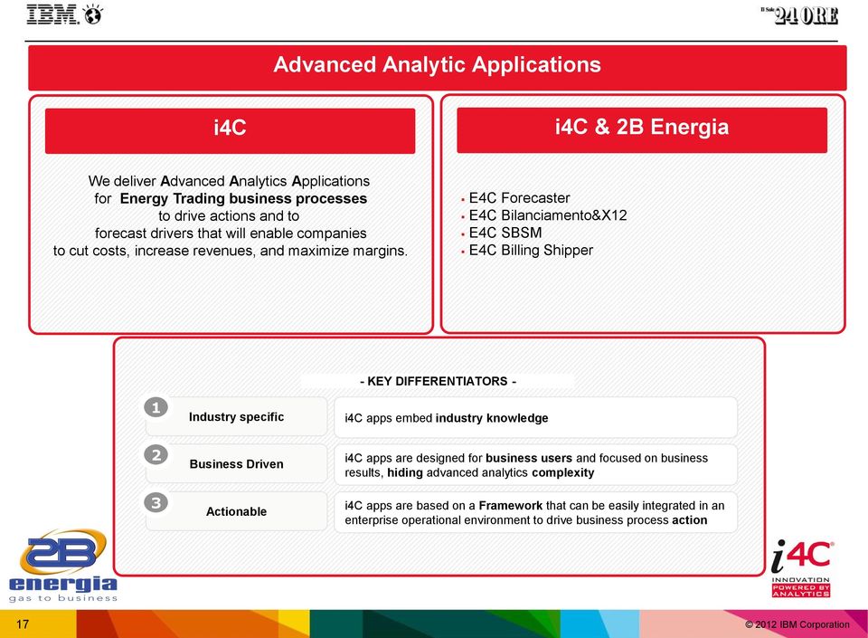 E4C Forecaster E4C Bilanciamento&X12 E4C SBSM E4C Billing Shipper 1 Industry specific - KEY DIFFERENTIATORS - i4c apps embed industry knowledge 2 3 Business Driven