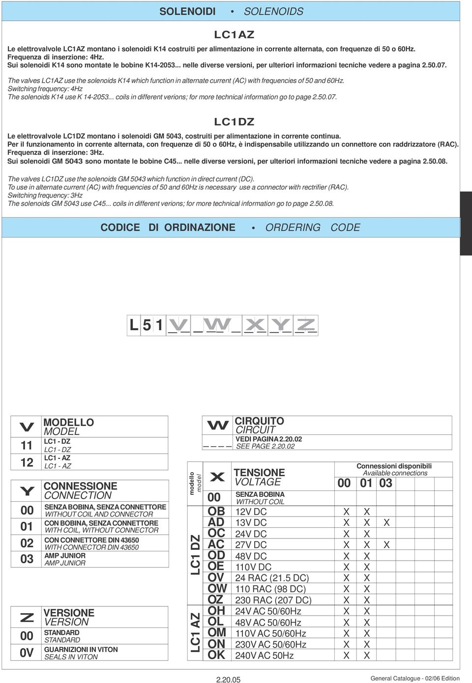 The valves LC1AZ use the solenoids K14 which function in alternate current (AC) with frequencies of and 60Hz. Switching frequency: 4Hz The solenoids K14 use K 14-2053.