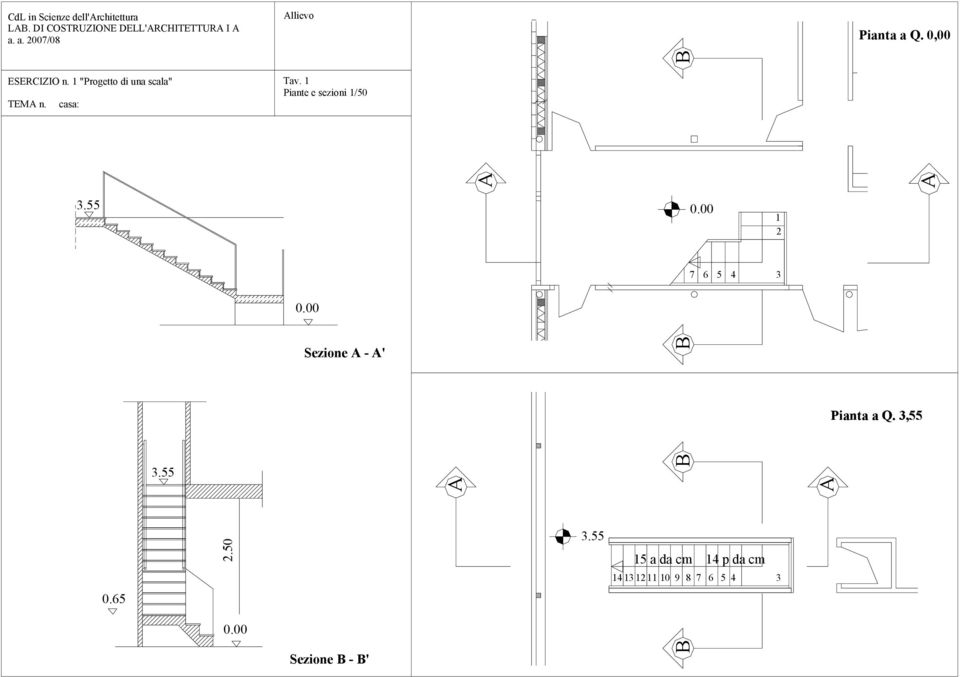 55 Tav. 1 Piante e sezioni 1/50 A 7B 0.00 6 5 4 1 2 3 A 0.00 Sezione A - A' B Pianta a Q.