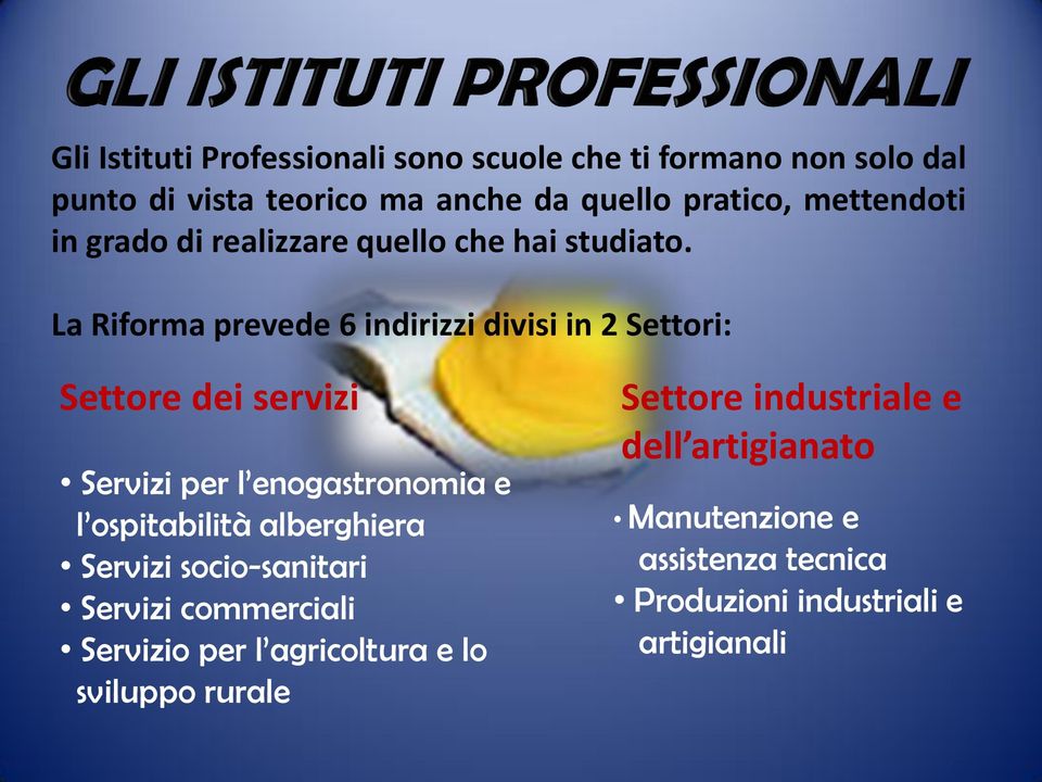 La Riforma prevede 6 indirizzi divisi in 2 Settori: Settore dei servizi Servizi per l enogastronomia e l ospitabilità