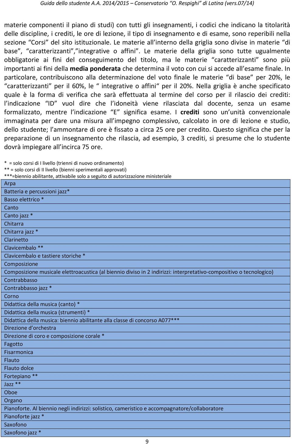 Le materie della griglia sono tutte ugualmente obbligatorie ai fini del conseguimento del titolo, ma le materie caratterizzanti sono più importanti ai fini della media ponderata che determina il voto