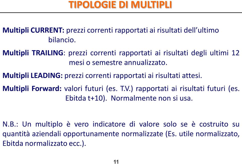 Multipli LEADING: prezzi correnti rapportati ai risultati attesi. Multipli Forward: valori futuri (es. T.V.