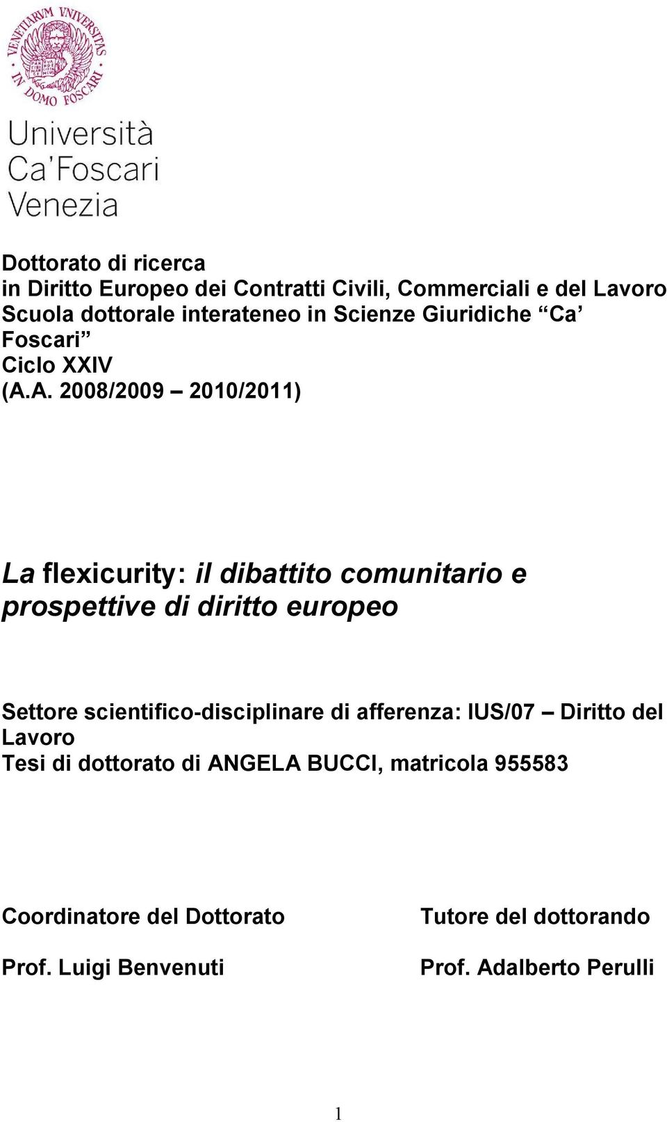 A. 2008/2009 2010/2011) La flexicurity: il dibattito comunitario e prospettive di diritto europeo Settore