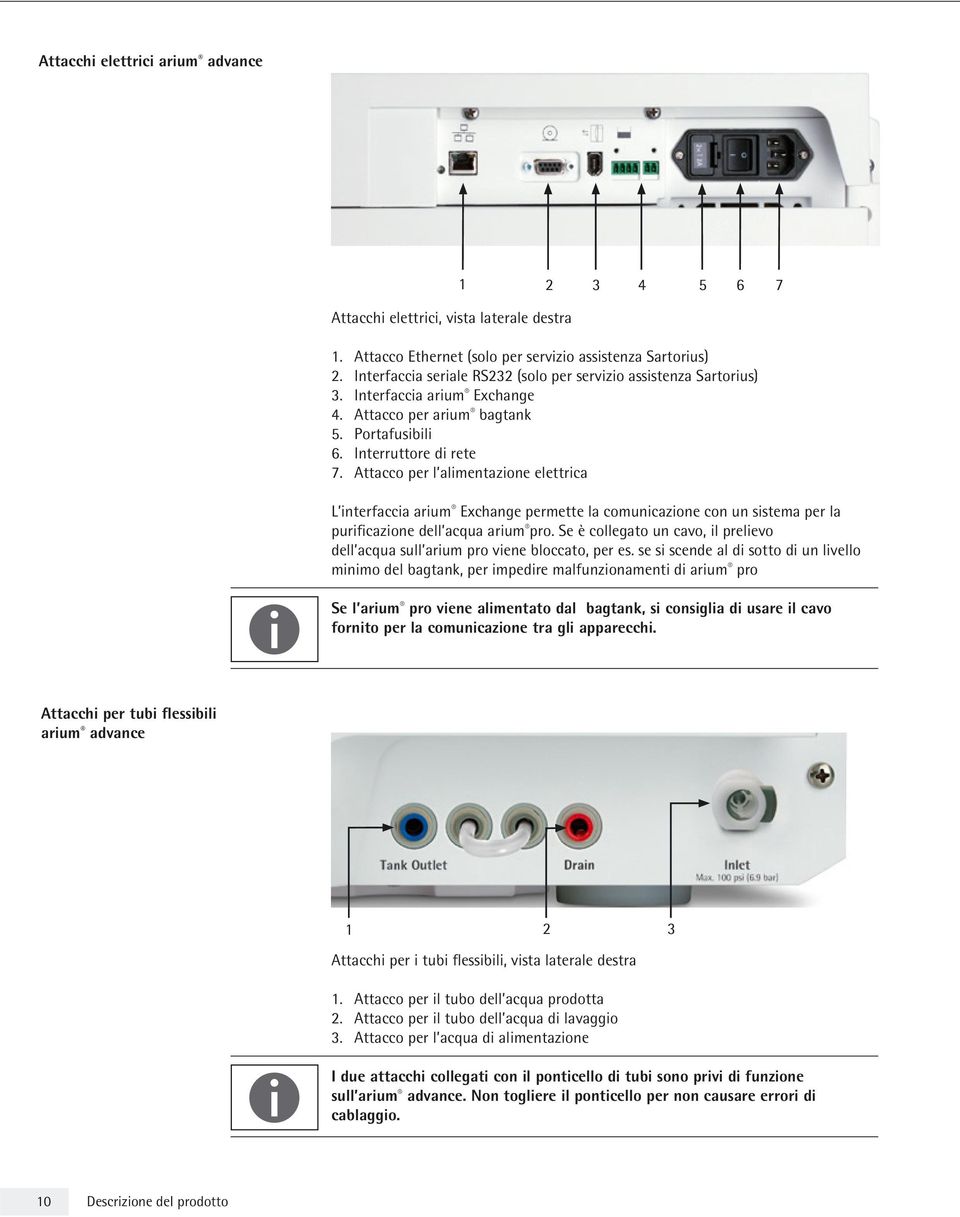 Attacco per l alimentazione elettrica L interfaccia arium Exchange permette la comunicazione con un sistema per la purificazione dell acqua arium pro.