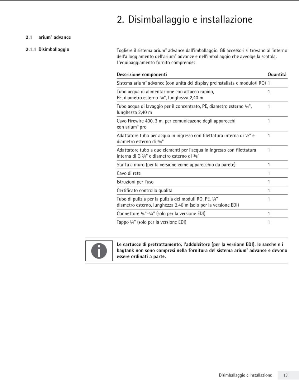 L equipaggiamento fornito comprende: Descrizione componenti Quantità Sistema arium advance (con unità del display preinstallata e modulo/i RO) 1 Tubo acqua di alimentazione con attacco rapido, 1 PE,