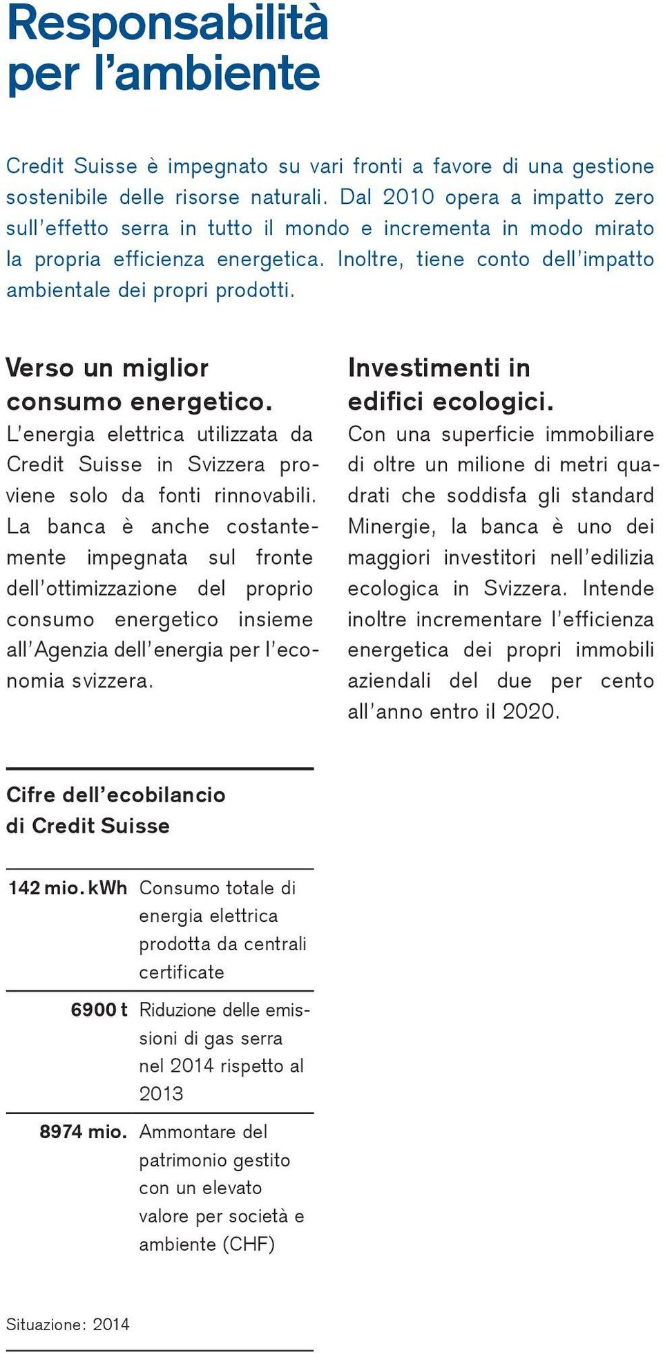 Verso un miglior consumo energetico. L energia elettrica utilizzata da Credit Suisse in Svizzera proviene solo da fonti rinnovabili.