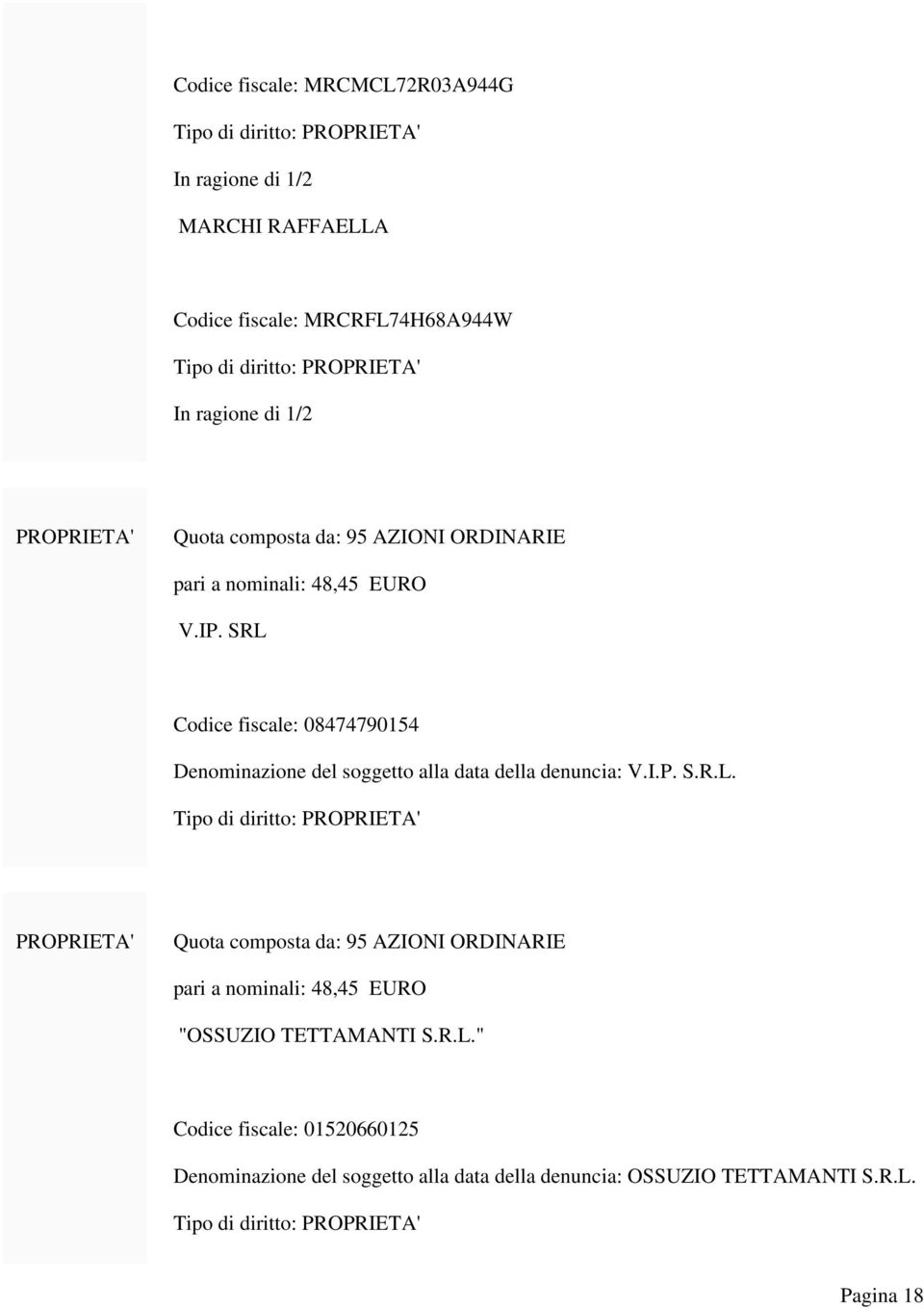 SRL Codice fiscale: 08474790154 Denominazione del soggetto alla data della denuncia: V.I.P. S.R.L. Quota composta da: 95 AZIONI ORDINARIE pari a nominali: 48,45 EURO "OSSUZIO TETTAMANTI S.