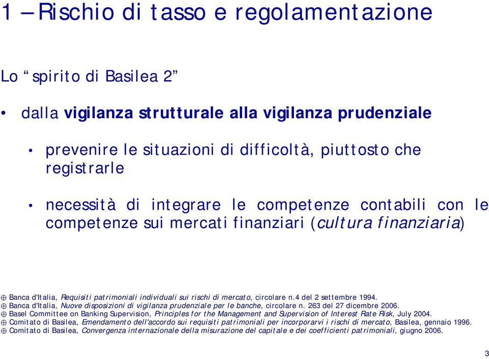 4 del 2 settembre 1994. Banca d'italia, Nuove disposizioni di vigilanza prudenziale per le banche, circolare n. 263 del 27 dicembre 2006.